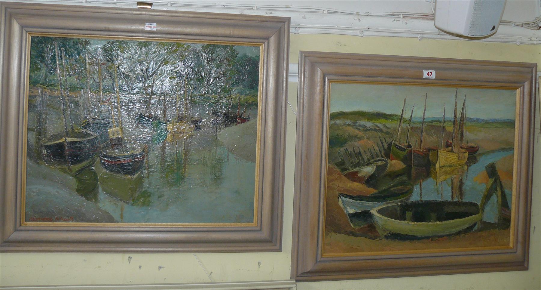 H Clarence Whaite, `Boats by a River Bank`; `Boats in Rye Harbour`, a pair, each inscribed and dated