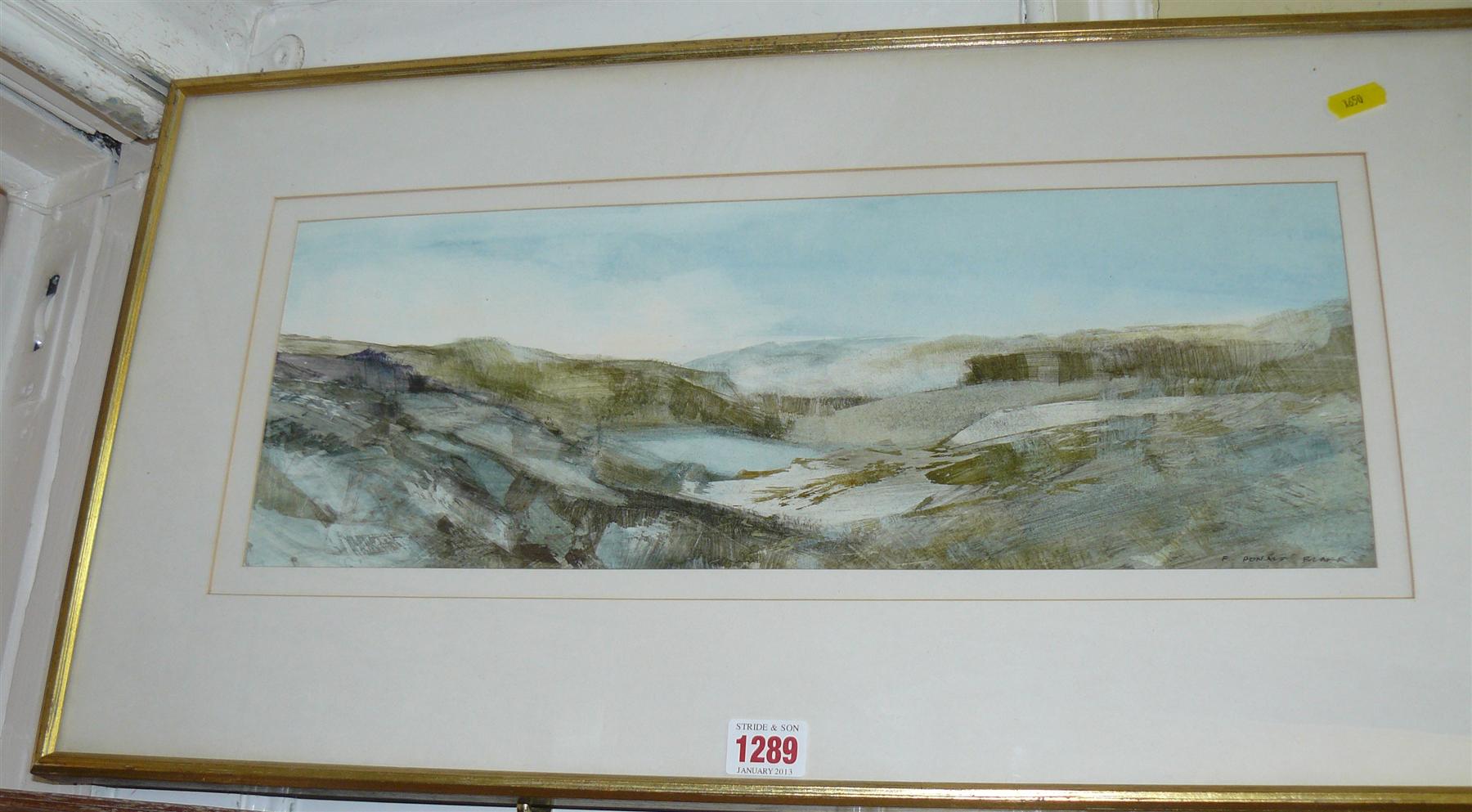 F Donald Blake, a landscape view, signed, watercolour, 17 x 46cm.