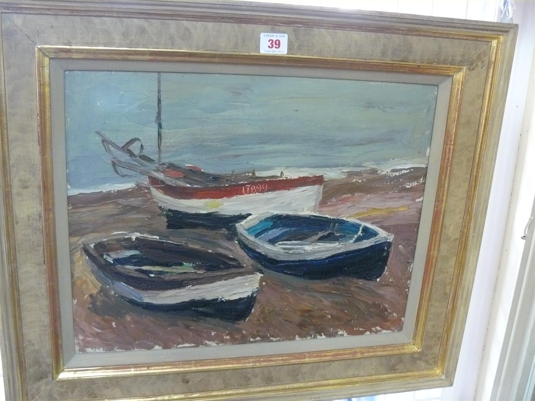 H Clarence Whaite, `Three boats, Southwold`, inscribed and dated 1937 verso, oil on canvas, 35 x