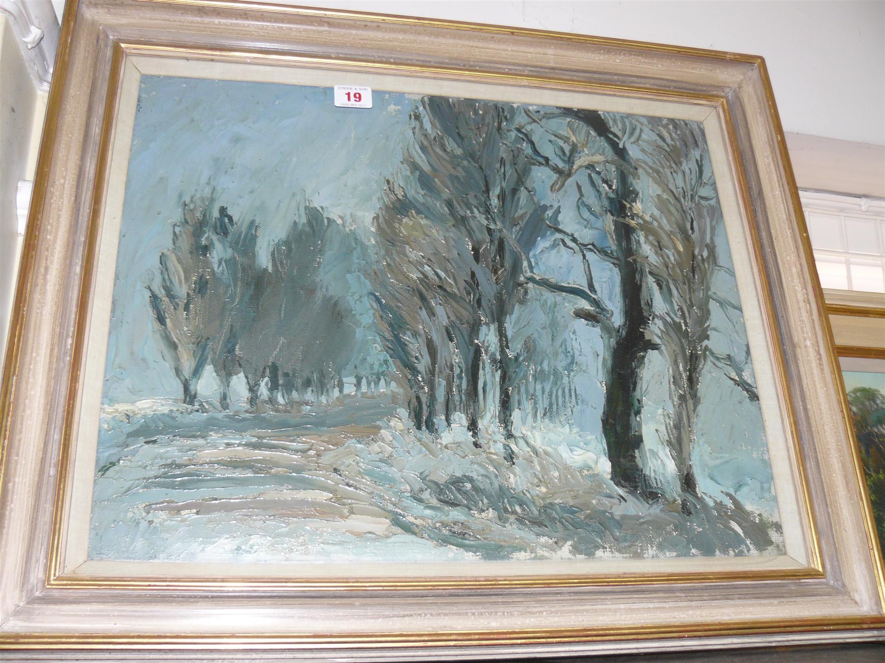 H Clarence Whaite, `Poplar Avenue in Winter`, inscribed and dated 1940 verso, oil on canvasboard, 40