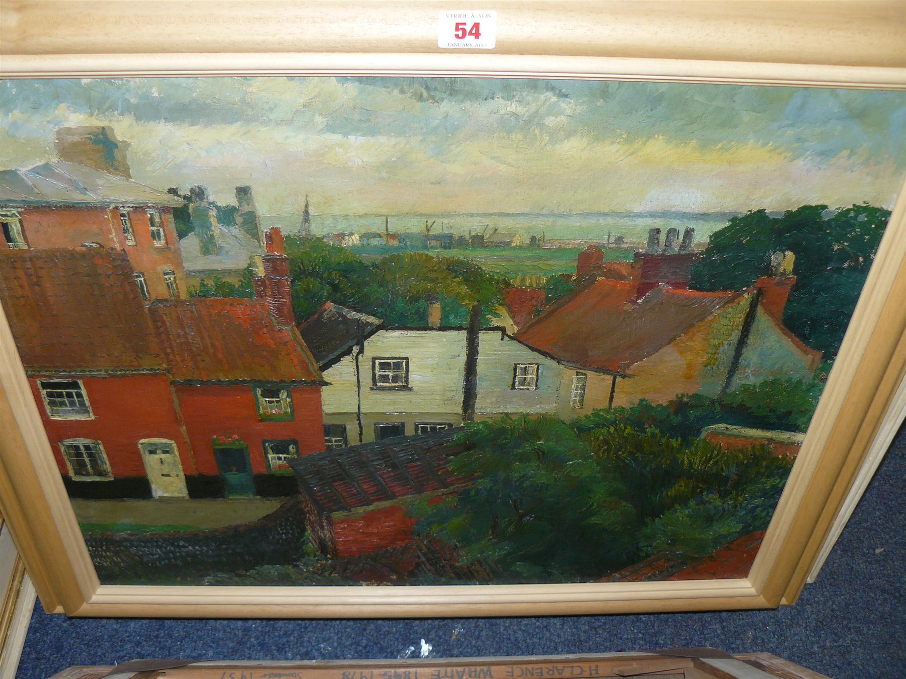H Clarence Whaite, `Houses at Park Lane, Southwold`, inscribed and dated 1939 verso, oil on