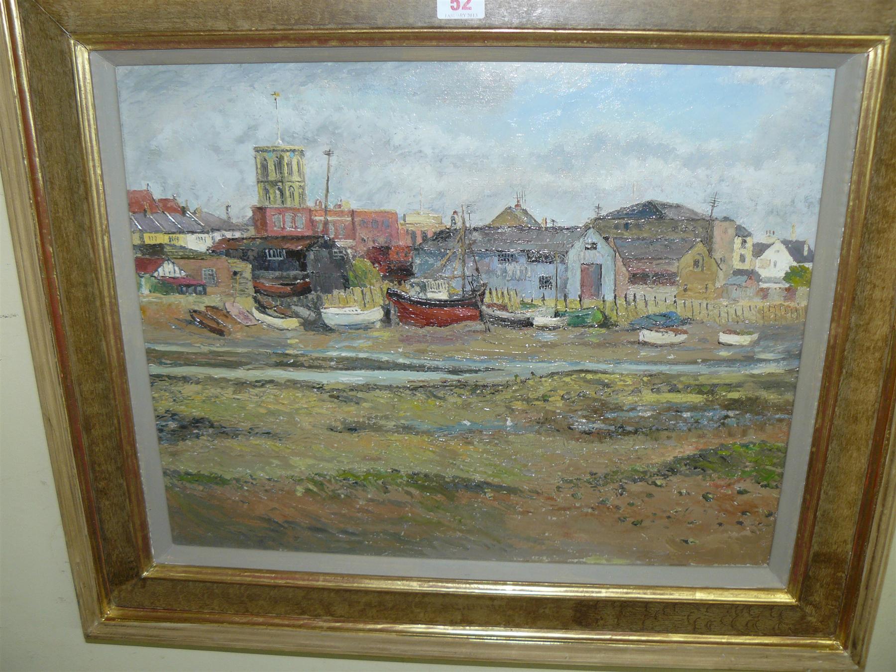 H Clarence Whaite, `Old Shoreham`, inscribed and dated 1953 verso, oil on canvas, 40 x 50cm.