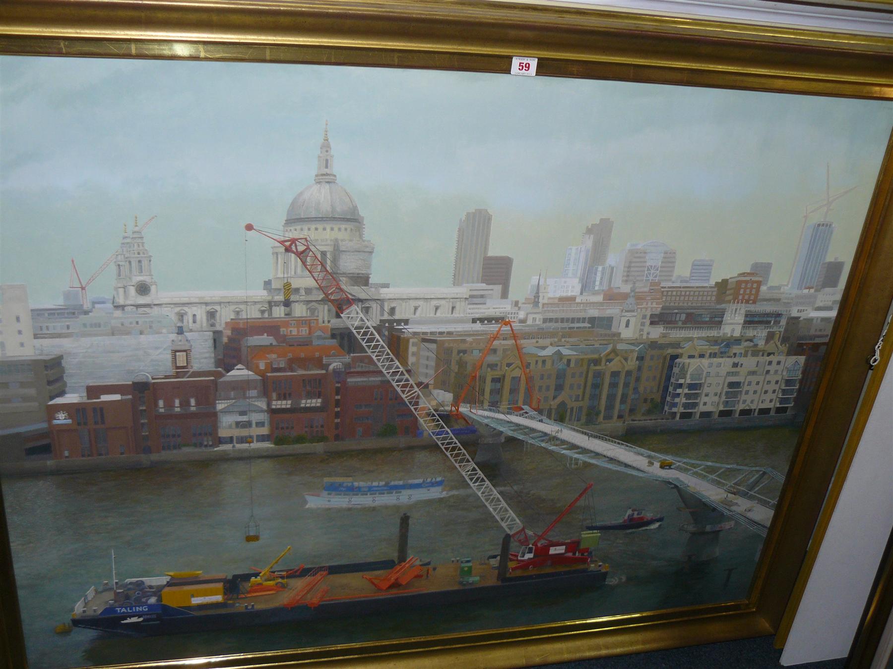 Gillian Whaite, `Building the Millennium Bridge`, inscribed and dated 2000 verso, oil on canvas,