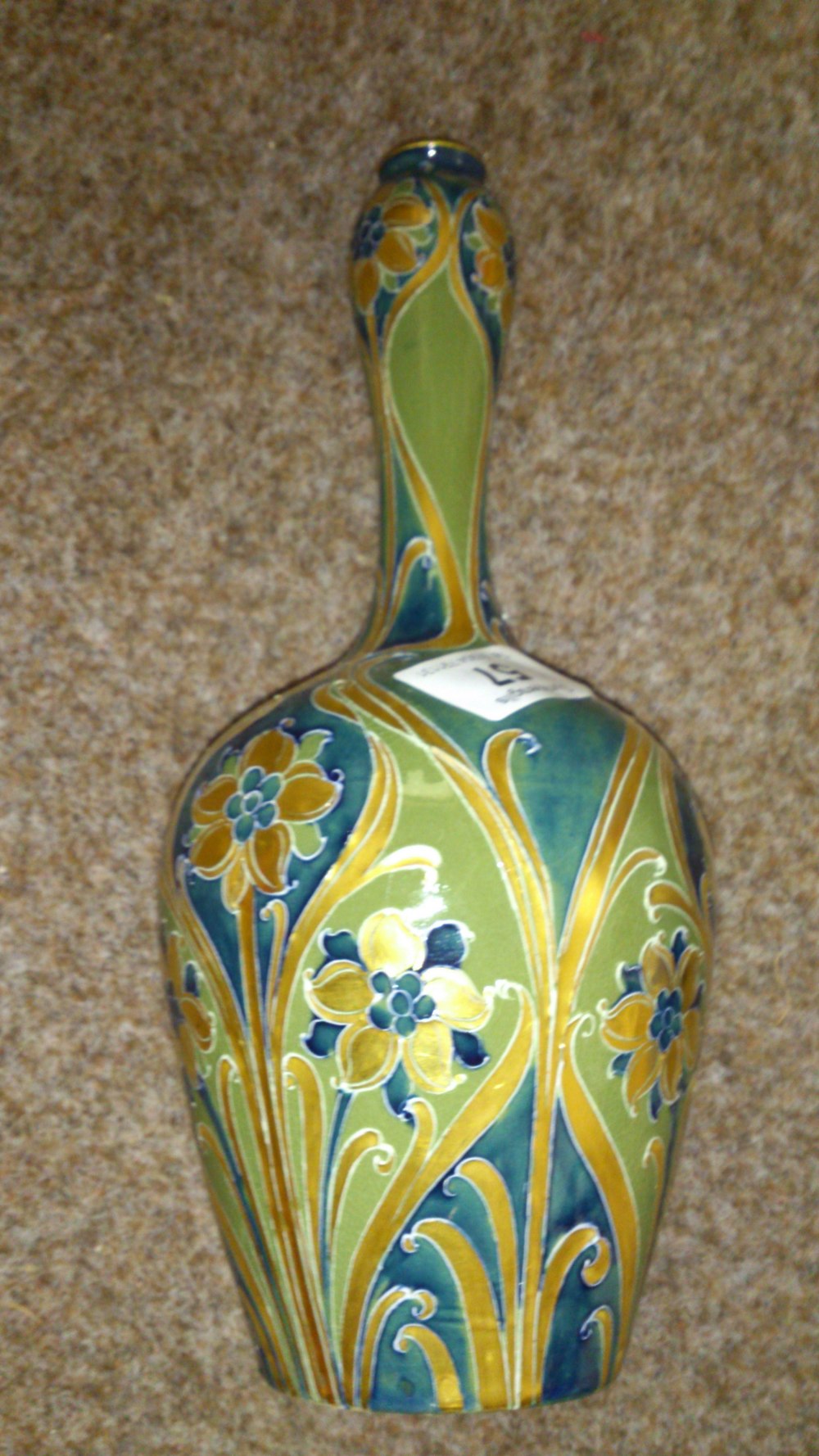 FLORIAN WARE bottle vase with swollen neck and everted rim - gilt on shades of green 10" c 1903