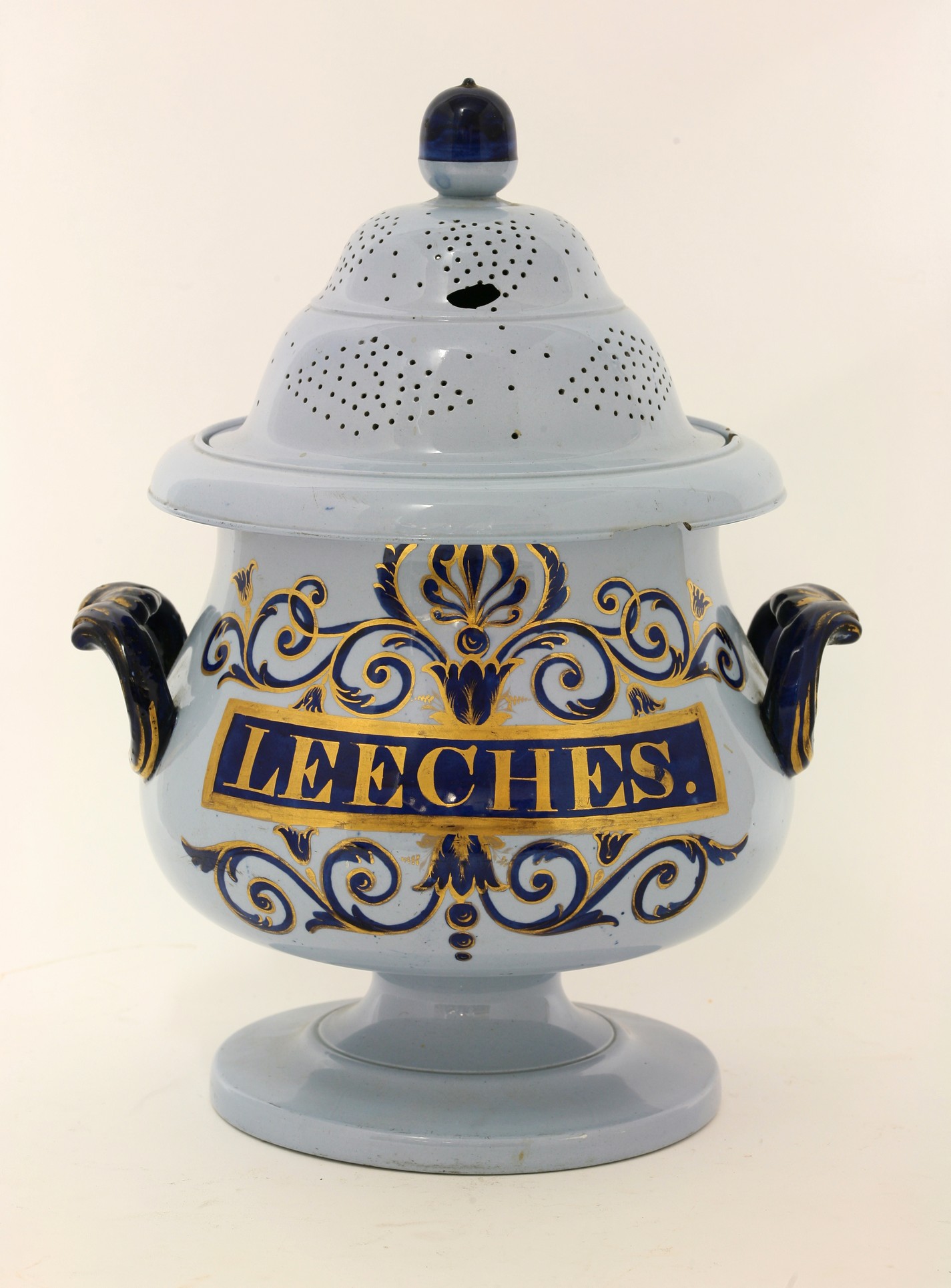 A Staffordshire earthenware Leeches Jar and Cover,
possibly Samuel Alcock, c.1830, the pale blue