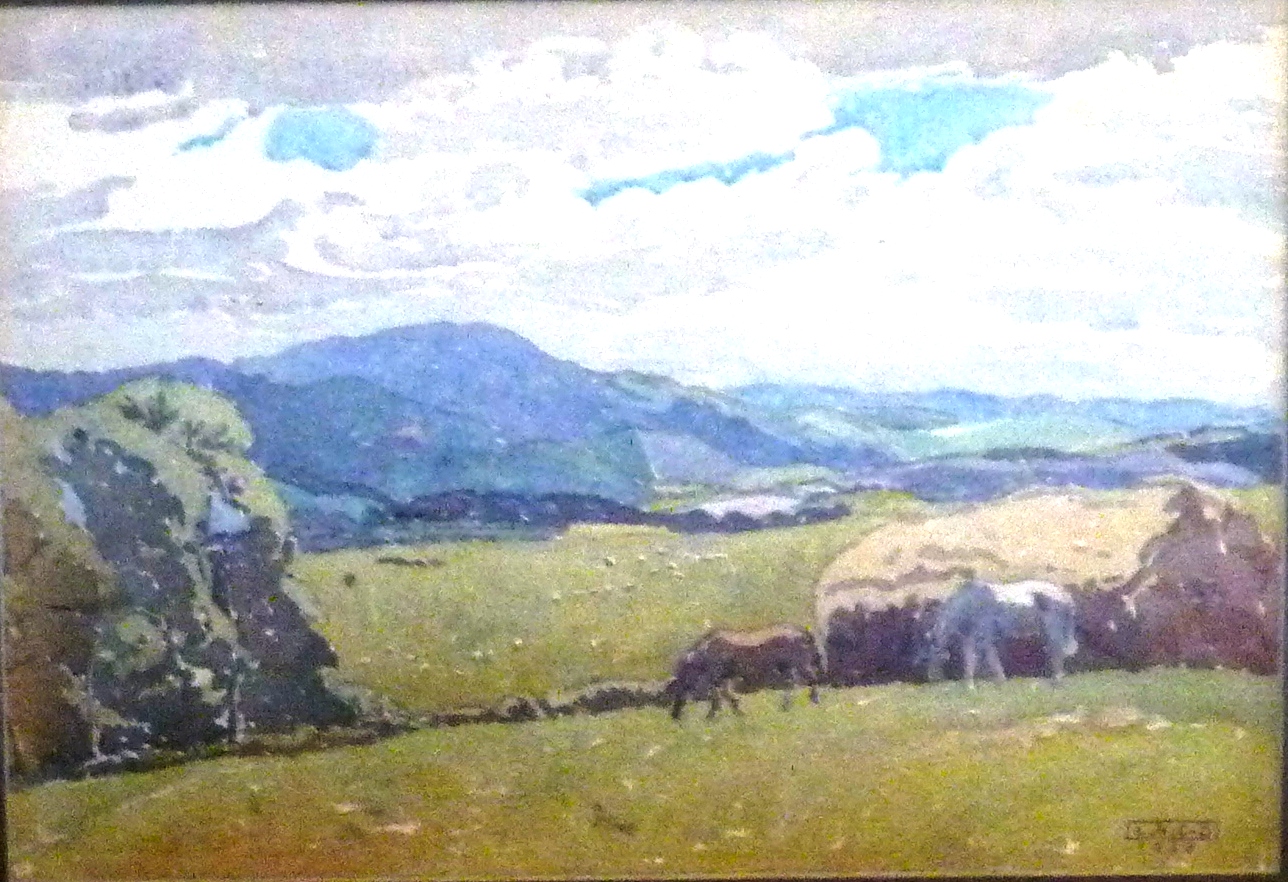 A framed and glazed Watercolour Study of a country landscape with sheep and horses, initialled L.H.