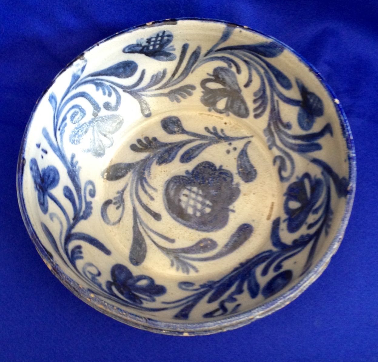 A large and unusual 18th Century Westerwald Stoneware Bowl, the interior decorated with scrolling