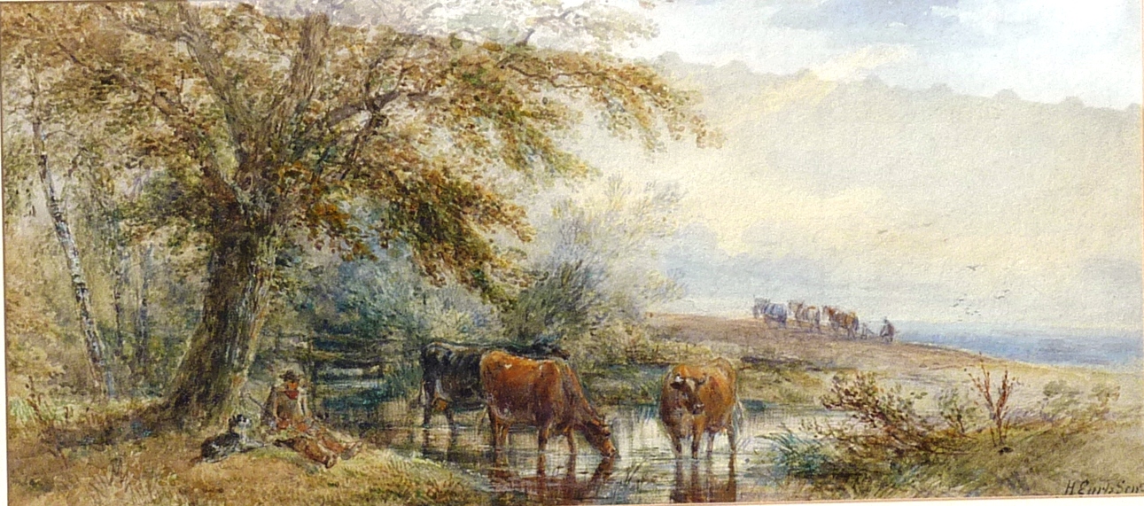 H. Earls Senr. (British, 19th Century) "Cattle drinking from a stream" depicting a Farmer and a