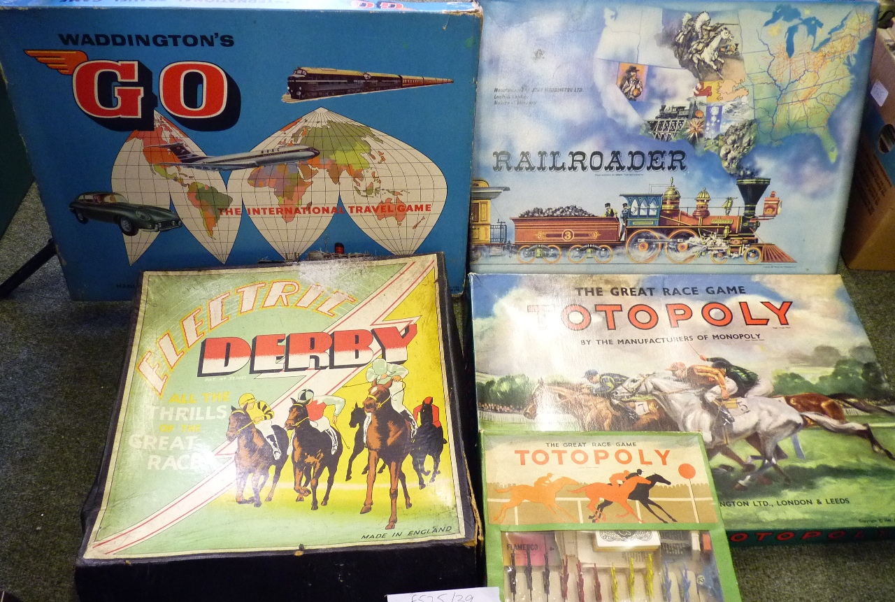John Waddington boxed board games: early Totopoly; later Totopoly; Railroader and Go The