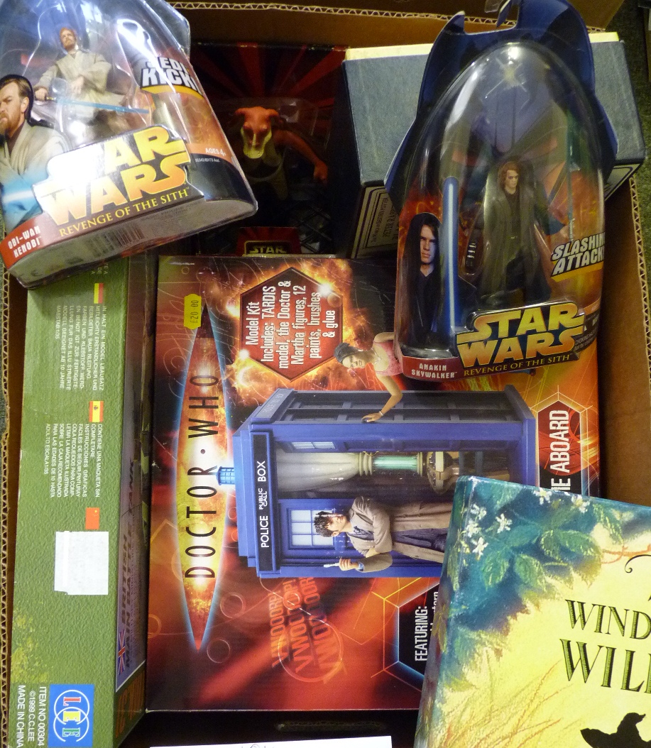 Airfix Dr Who Model Kit; three modern Star Wars figures in display packaging and other more modern