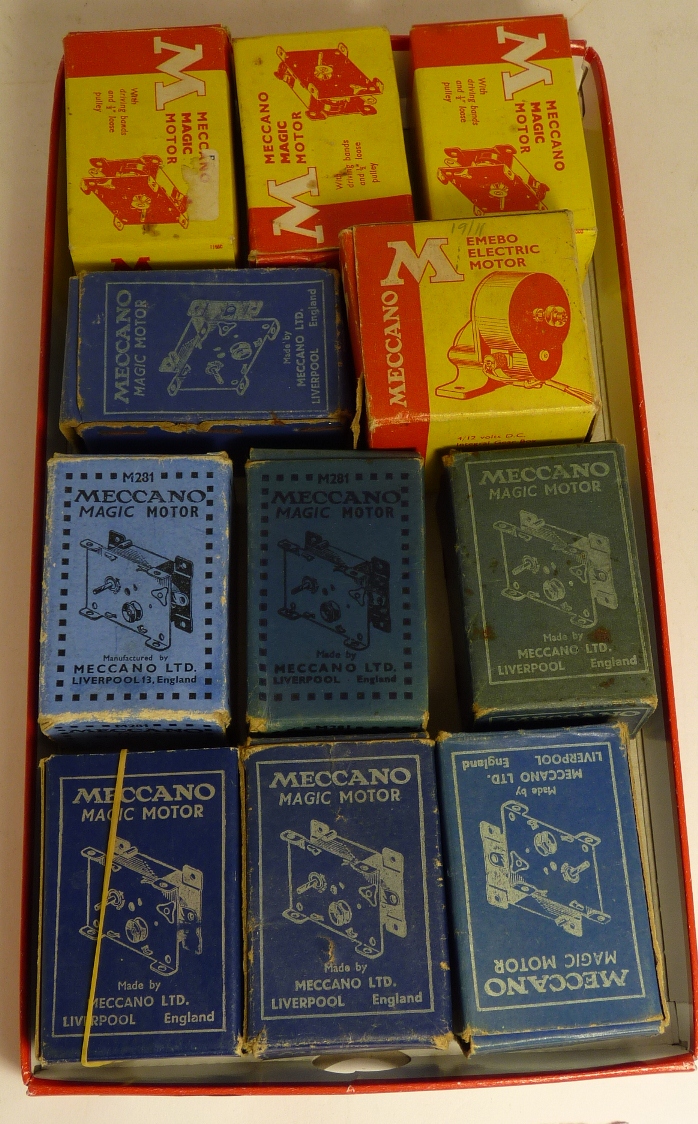 MECCANO - seven Meccano Magic Motors in original blue boxes; three similar in yellow/red boxes and