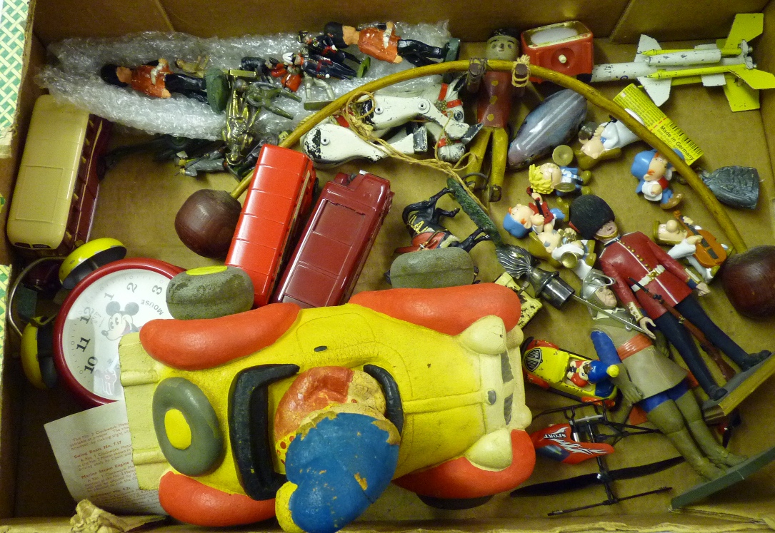 A mixed quantity of lead figures, Muffin the Mule puppet, foam rubber Noddy in car, Mickey alarm