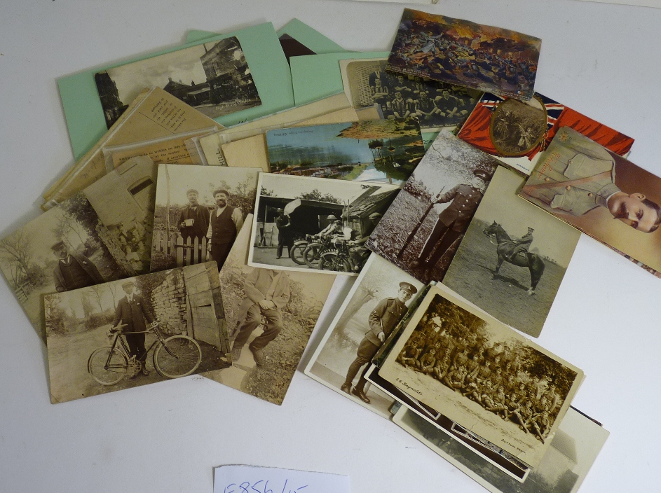 A group of rp postcards, portraits of soldiers, sailor, groups, boy with bicycle, local portraits