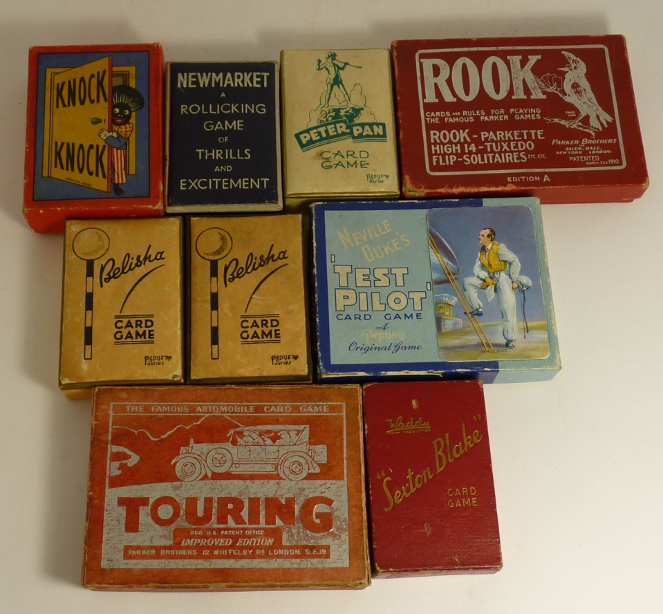 Some interesting early 20th Century boxed card games, includes Sexton Blake; Test Pilot; Touring;