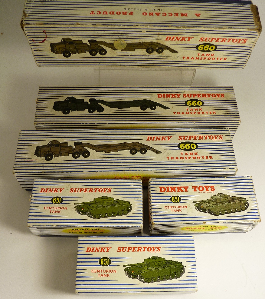 DINKY SUPERTOYS -660 Tank Transporter, boxed (3) and 651 Centurion Tank, boxed (3) (6 models in