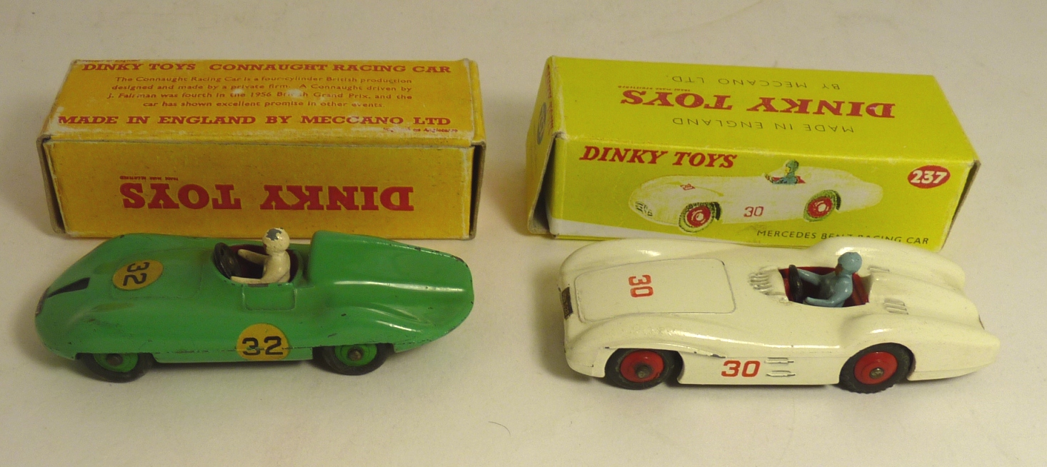 DINKY - 236 Connaught Racing Car, green with white driver in reproduction box and 237 Mercedes