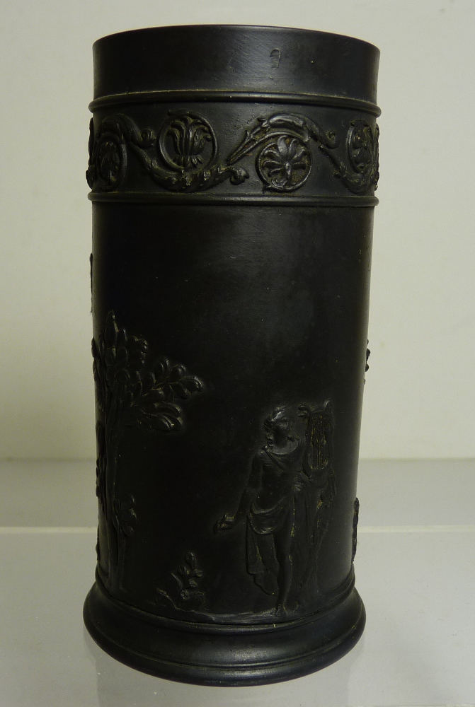 A Wedgwood black basalt canister with applied classical decoration , factory stamp to base, 12.