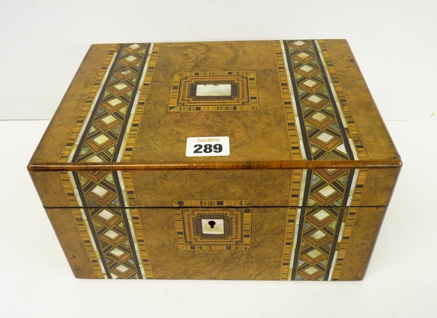 A late Victorian walnut jewellery box with bands of Tunbridge-type mother of pearl and wood