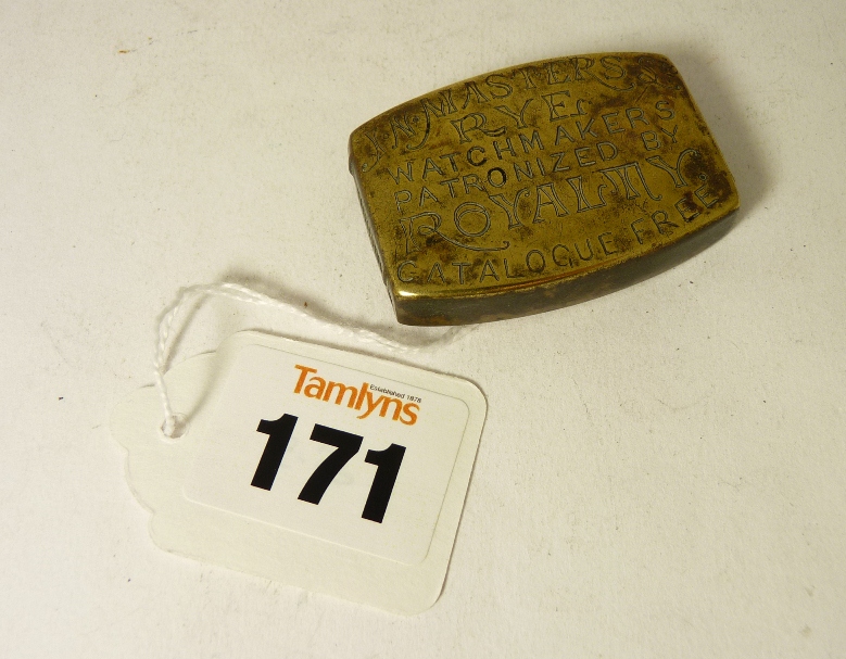 A shaped rectangular brass vesta case commemorating Victoria`s reign, advertising "J.N. Masters