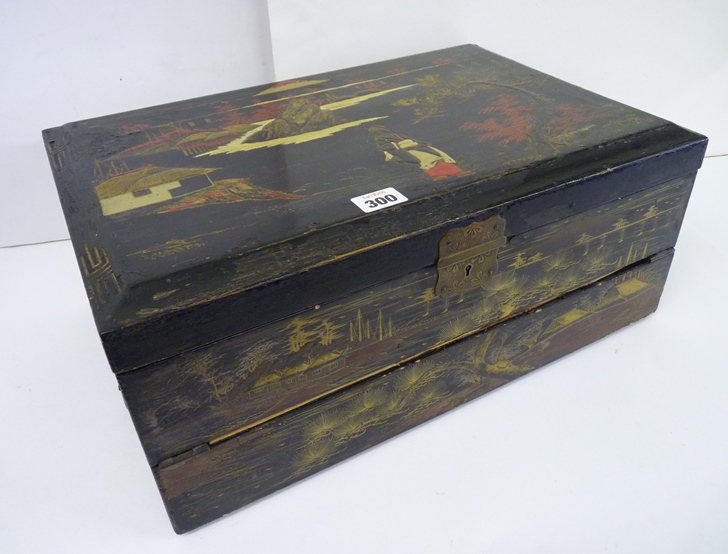 A late 19th/early 20th Century Japanese black lacquered writing slope, painted with typical