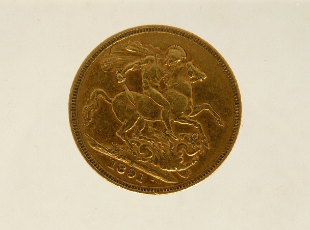 A Victorian sovereign dated 1891.