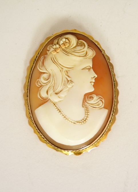 A large carved shell cameo brooch in a 9ct gold mount, the cameo carved with the head of a young