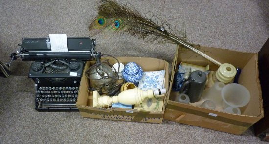 ALABASTER TABLE LAMP, PEACOCK FEATHERS, IMPERIAL TYPEWRITER AND MORE IN 2 BOXES