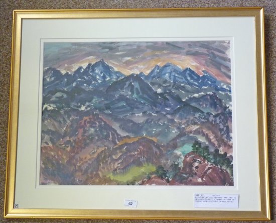 MOUNTAINS WITH SCOTTISH GALLERY LABEL TO REVERSE & STAMPED HOSSMAN 1911-1998, GILT FRAMED