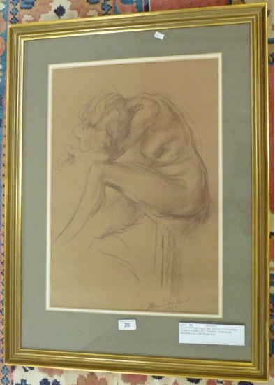 ALLAN SUTHERLAND 1967  STUDY OF A NAKED WOMAN SIGNED GILT FRAMED CHARCOAL DRAWING 52 X 36CM