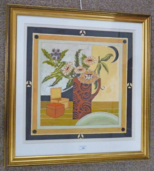 MARGARET MCGAVIN  LITTLE BOXES  SIGNED  GILT FRAMED GOUACHE 50 X 50CM