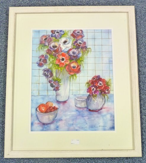 UNA STRACHAN ANEMONES IN A VASE & BOWL SIGNED FRAMED WATERCOLOUR & GOUACHE 46 X 37CM