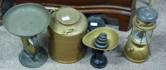 SALTER FAMILY SCALES, LIDDED BRASS STORAGE JAR, TILLEY LAMP AND SCALES -4-