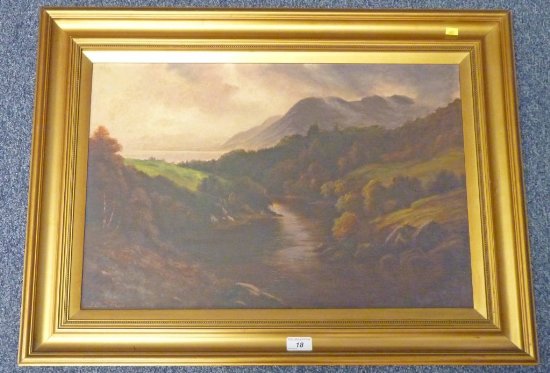 J BLAIR RENNIE RIVER ALBA FLOWS TOWARDS LOCH ELVIE SIGNED GILT FRAMED OIL PAINTING 40 X 60 CM