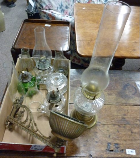OIL LAMP ON BRASS PLINTH; 4 FINGER LAMPS AND A WALL BRACKET