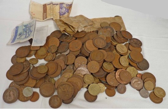 COLLECTION OLD PENNIES , BRASS THREE PENNIES IN A BISCUIT TIN