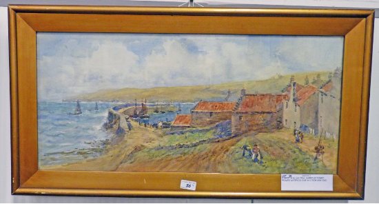 ROBERT W.ALLAN CRAIL HARBOUR SIGNED FRAMED WATERCOLOUR 34 X 75CM