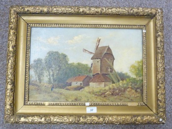 WINDMILL WITH FIGURE GILT FRAMED OIL PAINTING 29 X 44 CM