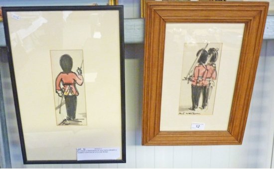 MCCANCE 2 DRAWINGS OF SOLDIERS SIGNED 2 FRAMED CRAYON 20 X 9.5 CM