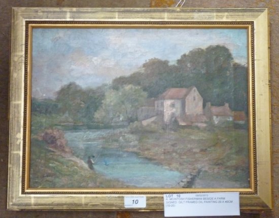 A. MCINTOSH FISHERMAN BESIDE A FARM  SIGNED  GILT FRAMED OIL PAINTING 29 X 40CM