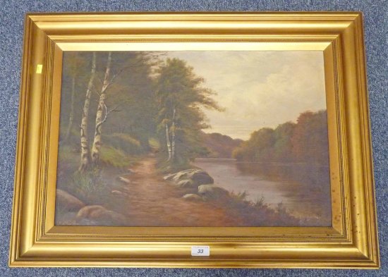 J BLAIR RENNIE HIGHLAND LOCH WITH ROADWAY SIGNED GILT FRAMED OIL PAINTING 34.5 X 59 CM