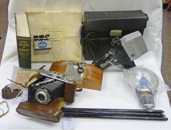 AGFA RECORD CAMERA AND FLASH; TRIPOD; NEGATIVE OR SLIDE RETOUCHING TABLE WITH 2 SETS OF RETOUCHING