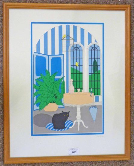 ROGER GREEN BLACK CAT & TABLE SIGNED FRAMED ARTISTS PROOF 37 X 24 CM