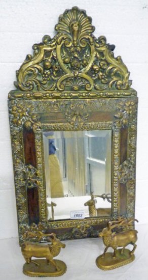 BRASS FRAMED MIRROR AND A PAIR OF BRASS DEER ORNAMENTS -3-