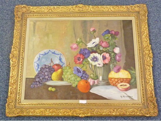 HI ANDERSEN  STILL LIFE OF FRUIT & FLOWERS  SIGNED  GILT FRAMED OIL PAINTING 48 X 63CM