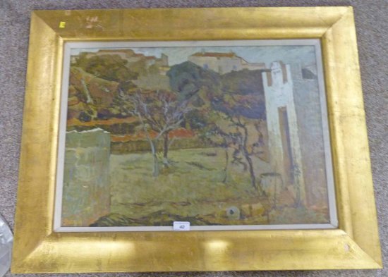 WILLIAM RUSSELL VIEW OF A CONTINENTAL VILLAGE SIGNED GILT FRAMED OIL PAINTING 37 X 64CM