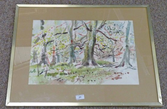 S.E. SPOTTISWOODE  TREES IN SPRING NEAR PEEBLES SIGNED GILT FRAMED WATERCOLOUR 36 X 52CM