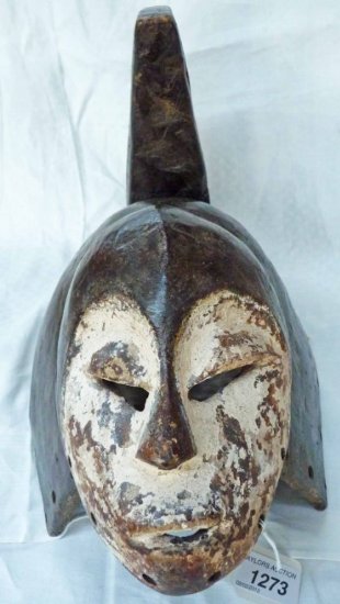 AFRICAN MASK WITH LARGE CREST, WHITE OCHRE FACE, 45CM, LEGA, CONGO