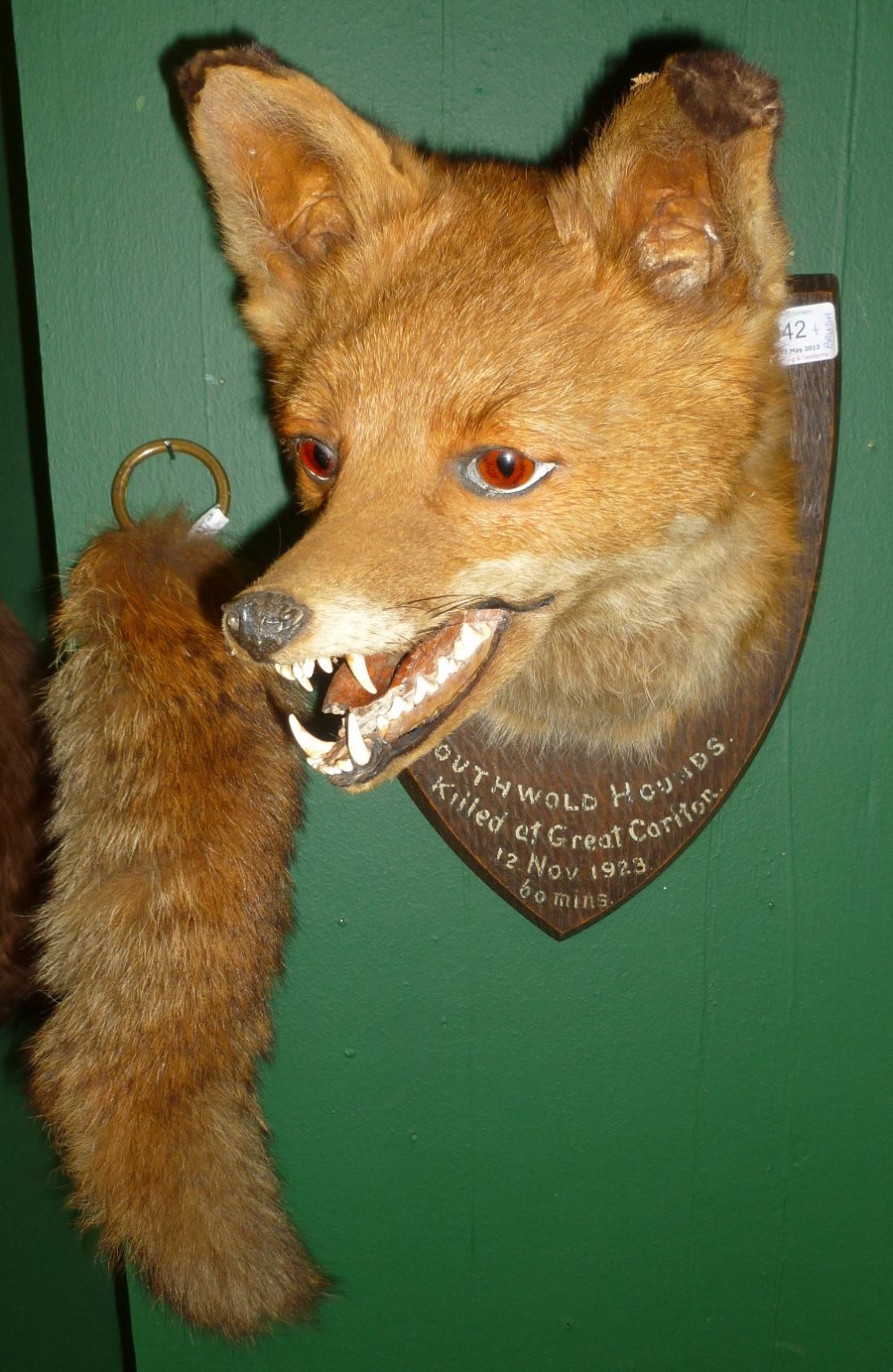 Fox Mask, F W Barlett, 23 High Street, Banbury, Southwold Hounds, Killed at Great Caritor, 12 Nov