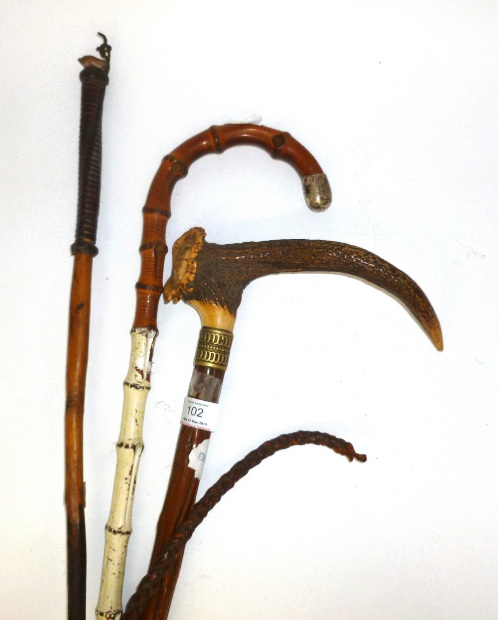 A 19th Century Antler Handled Whip, inscribed `From Alec Roberts 10st Champion of the World to L.