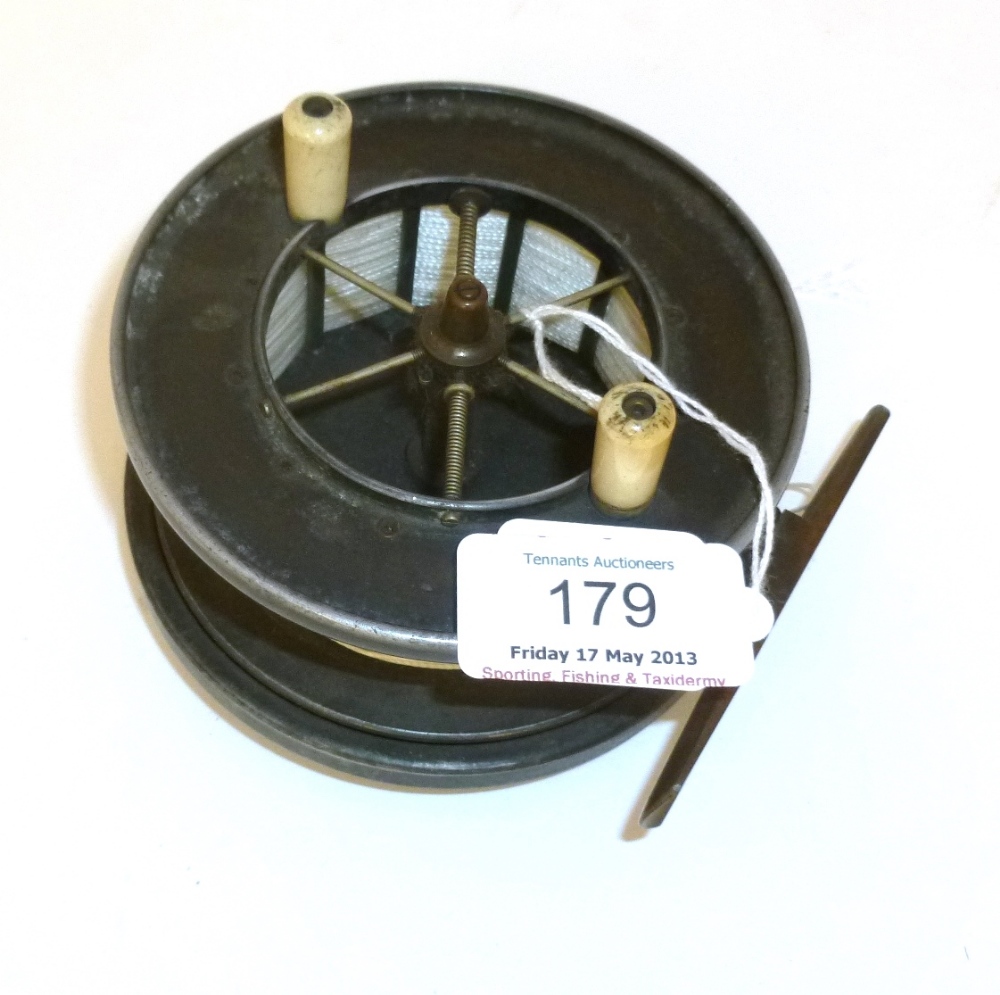 An Allcock`s 4`` Alloy Wide Drum `Aerial Popular` Trotting Reel, Reg Design No.689467, with six